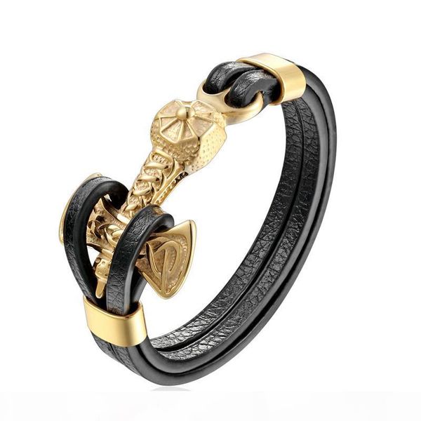 

s whole salemkendn new mens bracelets gold leo lion stainless steel anchor shackles black leather bracelet men wristband fashion jewelr, Golden;silver