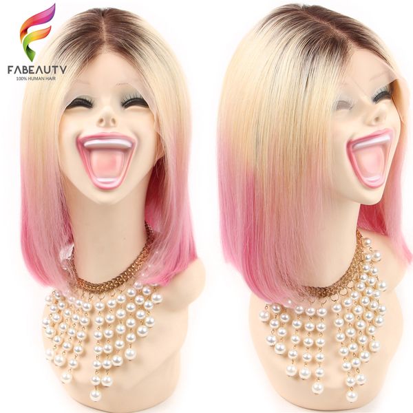 

ombre 1b/613/pink short bob wig pre plucked brazilian straight lace front human hair wigs with baby hair 13*4 lace remy wig, Black