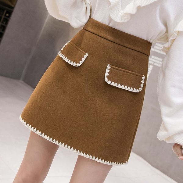 

korean clothes zipper patchwork embroidery woolen mini skirts womens 2020 autumn spring fashion jupe femme khaki b9d418, Black