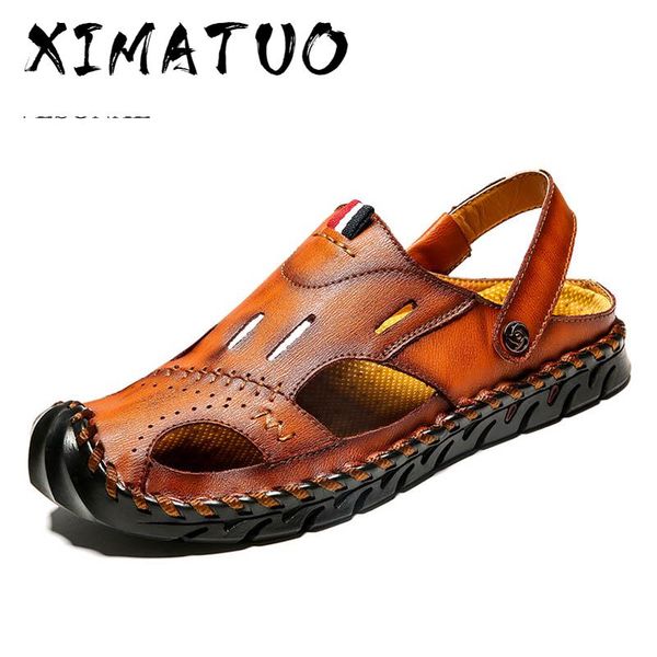 

2020 summer cow leather men's sandals beach shoes outdoor casual fashion comfortable male footwear hollow out sandalias, Black
