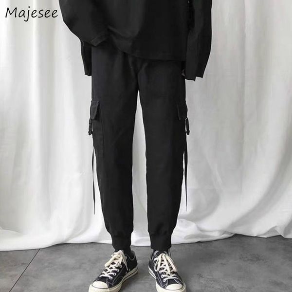 

men's pants men casual cargo solid simple large size bundle elastic waist pocket loose mens korean style leisure chic ins ankle-length, Black