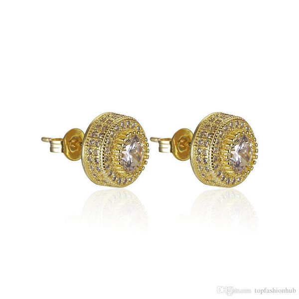 

european and american hip hop stud earring zircon bligbling round earrings gold-plated brass stud earrings hot, Golden;silver