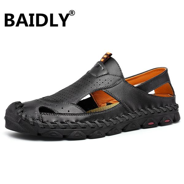 

sandals fashion men genuine leather summer breathable handmade sewing leisure slippers footwear soft, Black