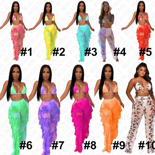 

tie dye color women designer mesh swimsuit digital print swimwear push up bra halter + pants 2 piece bikini set tankinis d7614, White