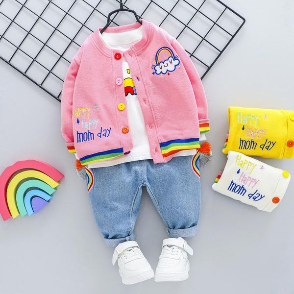 

hylkidhuose 2020 autumn newborn infant clothing sets girls boys casual clothes rainbow coats t shirt jeans 3 piece kids costume, White