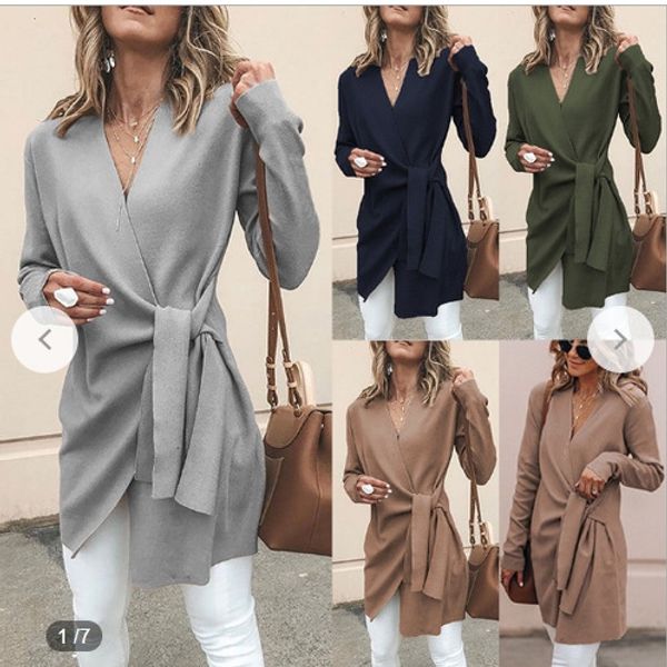 

2020 autumn and winter new women's solid color en v-neck belt mid-length casual small coat wool wool coat, Tan;black