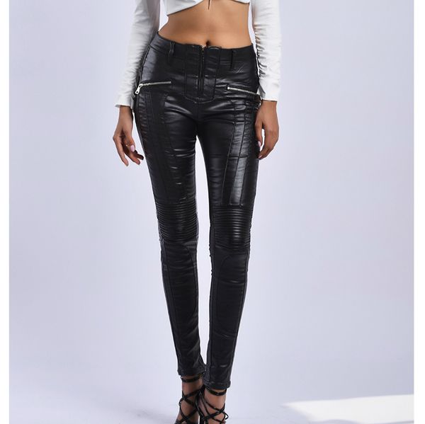 

women's pants & capris women winter faux leather warm fleece linning motor biker pu trouser skinny elastic pencil ladies black gothic, Black;white