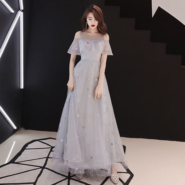 

lady gray temperament star embroidery mesh chinese evening party dress elegant a-line ruffles sequins bridesmaid dresses xs-2xl, Red