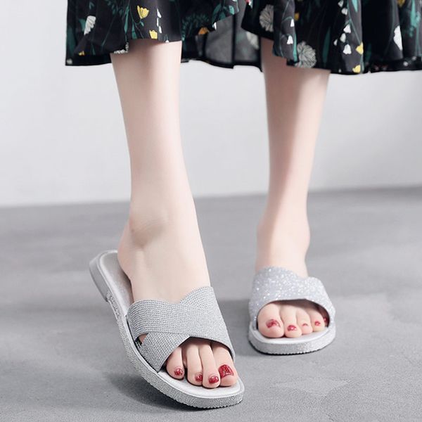 

women slippers home shinny crystal sandals outdoor comfy plain summer shoes x-shaped pu slides women flip-flops femme pantoufles, Black