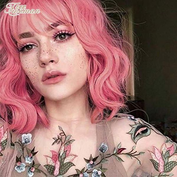 

oman pink wig synthetic wigs short bob wig with bangs natural water wave wigs for women cosplay wig american style, Black
