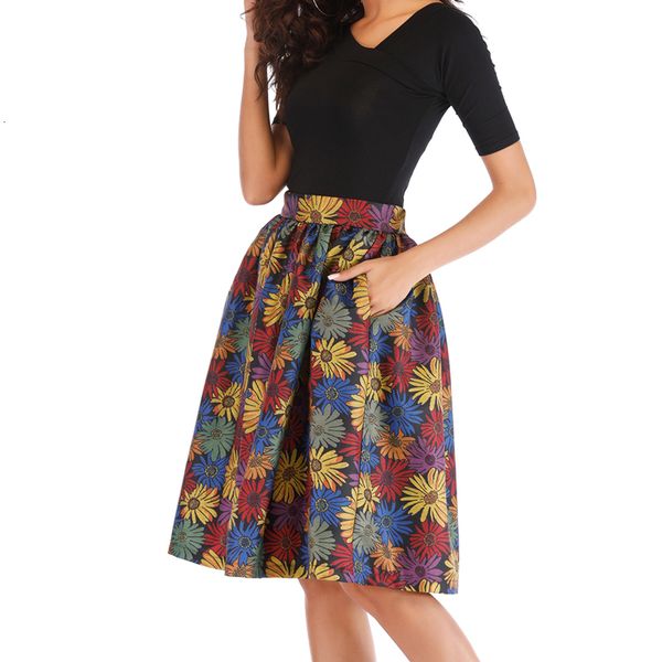 

fashion style floral women midi skirts high waist empire pockets flower pattern female skirt 2020 summer ball gown s9117, Black