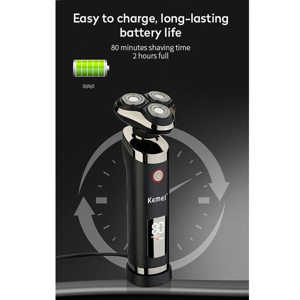 

kemei 6185 men triple blade 3d floating shaver beard razor washable usb rechargeable electric shaving razors lcd face beard trimmer regzf