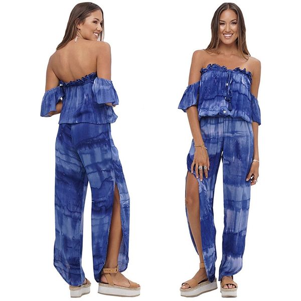 

summer beach tie dye ruffle off shoulder jumpsuit high waist split casual rompers and jumpsuits for women, Black;white