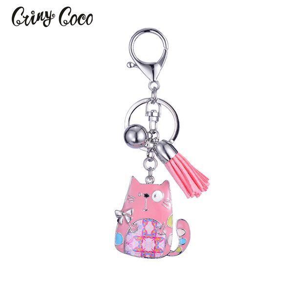 

enamel cat key chain leather tassel key ring gift for women bag pendant 2020 cute keychain fashion animal jewellery for girl, Silver