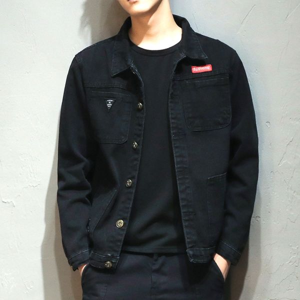 

e-baihui 2020 men's lapel collar denim jacket autumn korean style trendy new workwear jacket men's casual denim jacket hb509, Black;brown