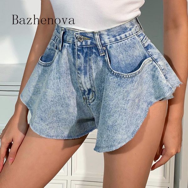 

women's jeans bazhenova women denim shorts summer woman light washed wide leg girls skinny sweet mid waist s pants r524, Blue