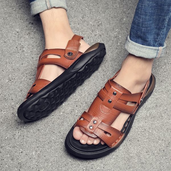 

slippers mens s homens waterproof de sandales masculina male couro sandalhas breathable dress rubber beach man footwear sandals, Black