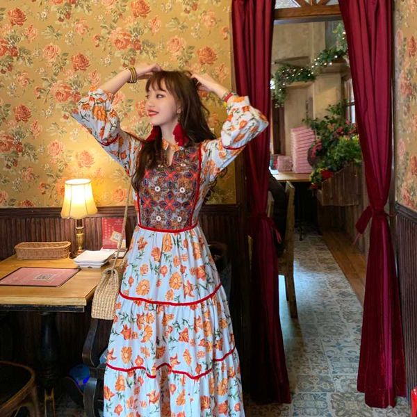 

summer new net red with the same embroidery folk style retro printing bohemian big swing dress embroidered beach long dress, Black;gray