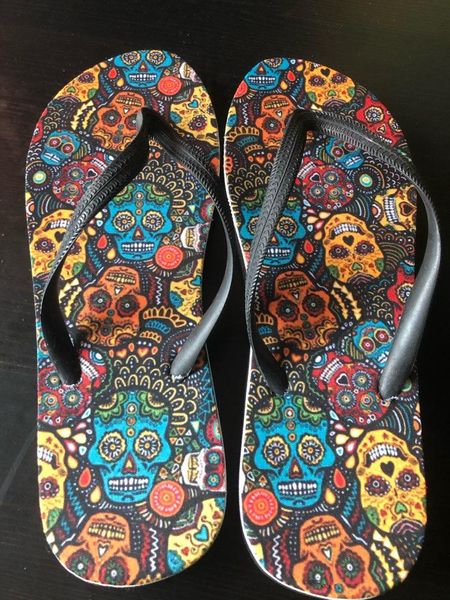

twoheartsgirl mexico skull print flip flops soft rubber sole flat slippers for women casual female ladies summer beach flipflops, Black