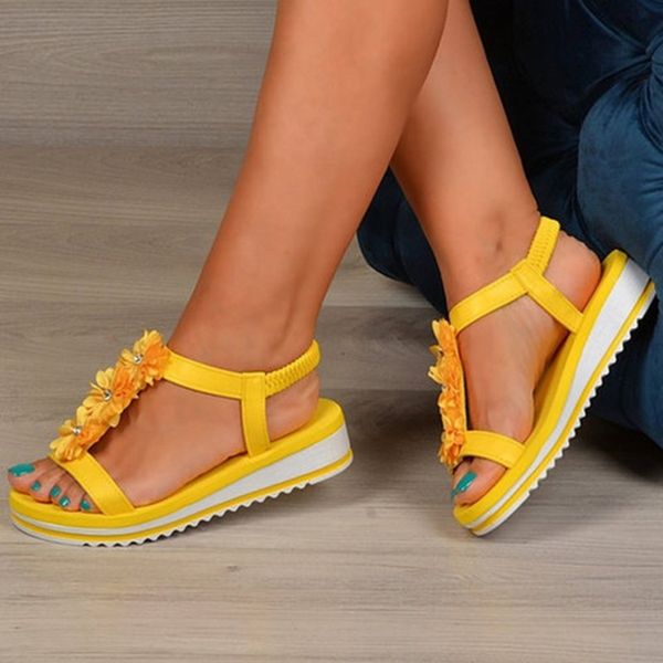 

women sandals flower t-tied slip on casual ladies shoes summer elastic band ankle strap platform female flat comfort 2020, Black