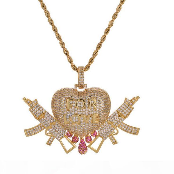 

hip hop men's loving double gun copper micro inlaid zircon necklace with european and american style jewelry, Silver