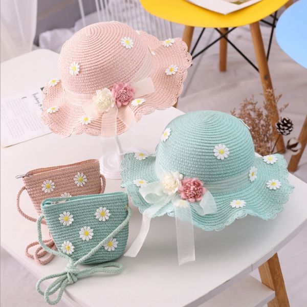 

girls sun korean style flower holiday beach wavy straw + bag straw toque female female sun hat children's fairy hat, Blue;gray