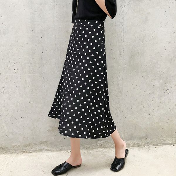 

women summer skirt 2020 korean style vintage polka dot slim high waist a line chiffon long skirt s 3xl black red b157