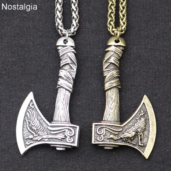 

odin norse viking wolf and raven axe amulet witchcraft pendant necklace wicca pagan slavic perun axe jewelery dropshipping 2020, Silver