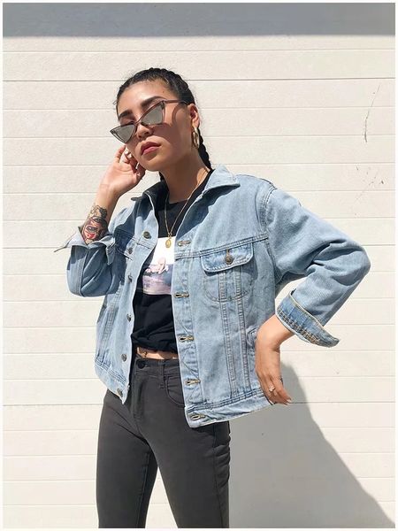 

autumn new handsome all-match denim long sleeve sleeve clip jacket women's fan kuansong slimming washed lapel jacket, Black;brown