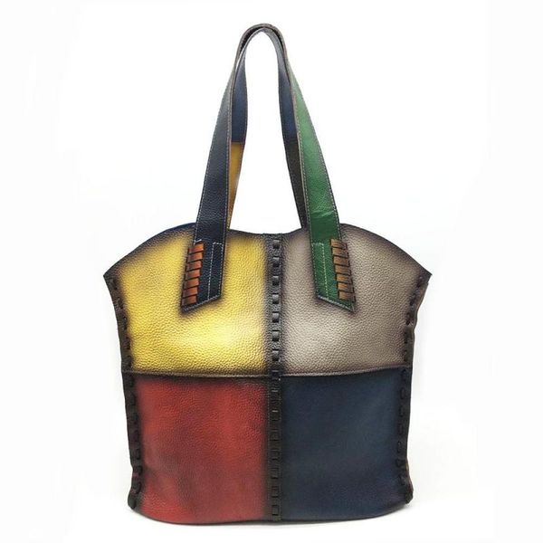

johnature vintage first layer cow leather women bag 2020 new casual large capacity handbag random color stitching shoulder bags