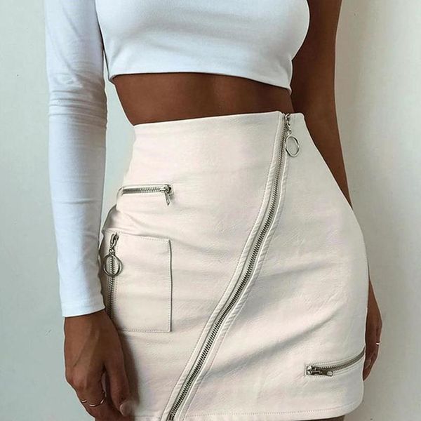 

fashion white solid boho beach style skirts womens zipper skirt summer high waist leather short skirt elegant holiday, Black