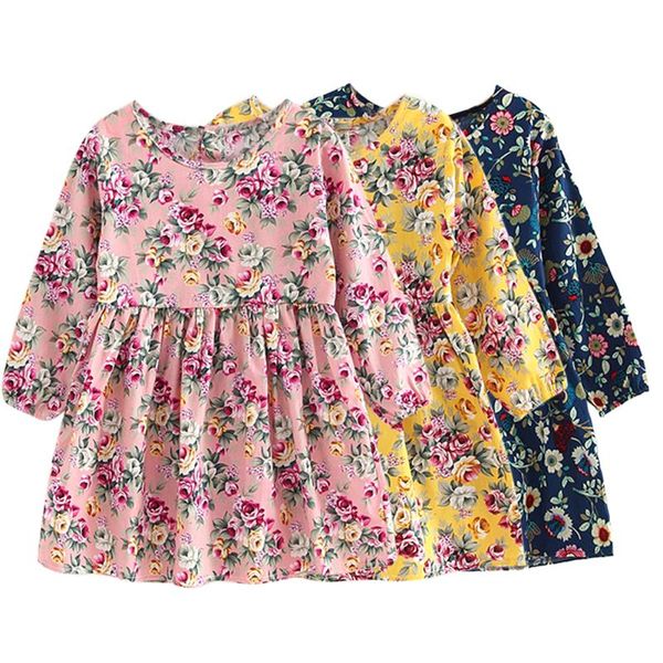 

girl's dresses spring summer baby girls dress long sleeve o-neck floral print princess a-line children wear clothes, Red;yellow