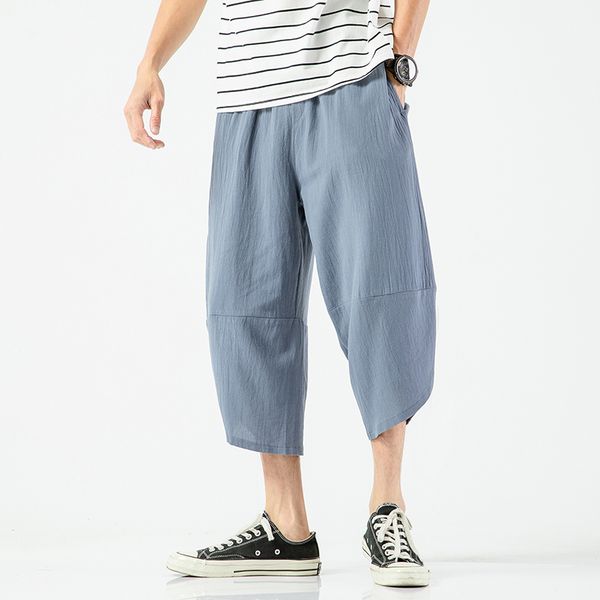 

summer lightweight harem pants men cotton casual joggers men breathable streetwear calf-length trousers man, Black