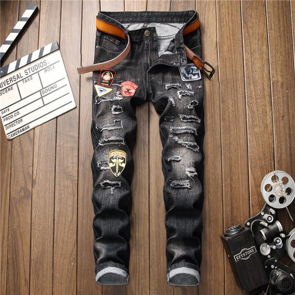 

men's jeans elastic hole badge trend pants ripped biker denim, Blue