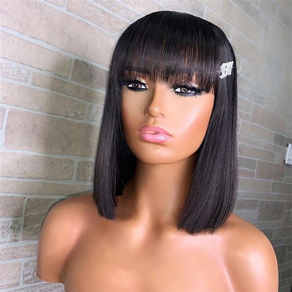 

short bob bang wigs straight human hair wigs for women natural full machine made wig with baby hair brazilian wig 150 density, Black