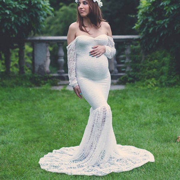 

women maternity pgraphy lace dress pregnancy off shoulder long sleeve dress for p shoot clothes props pregnant, White