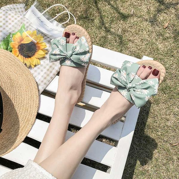 

women's slippers casual wild fashion small daisy bow knit slippers small fresh mixed color word slipper female beach flats shoes, Black
