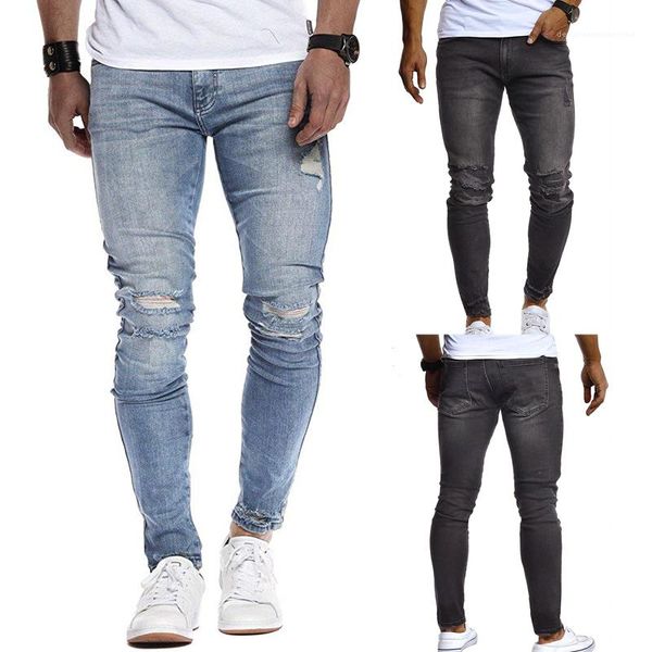

casual male clothing fashion mens designer jeans skinny low waist solid color slim hole street style pencil pants, Blue