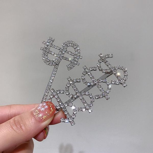 

european and american style super flash full diamond dollar sign hairpin personality wild net red ins cold wind side clip hairpin, Golden;silver