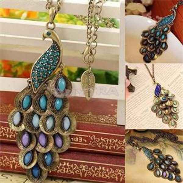 

vintage crystal feather necklace classic jewelry fashion bohemian colorful crystal pendant women charm design blue green, Silver