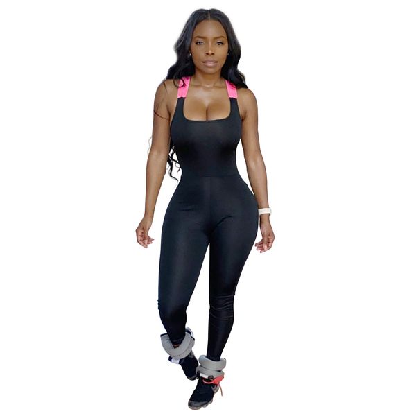 

women's jumpsuits & rompers hollow out open back bandage jumpsuit womens catsuit sleeveless push up fitness workout romper overalls, Black;white