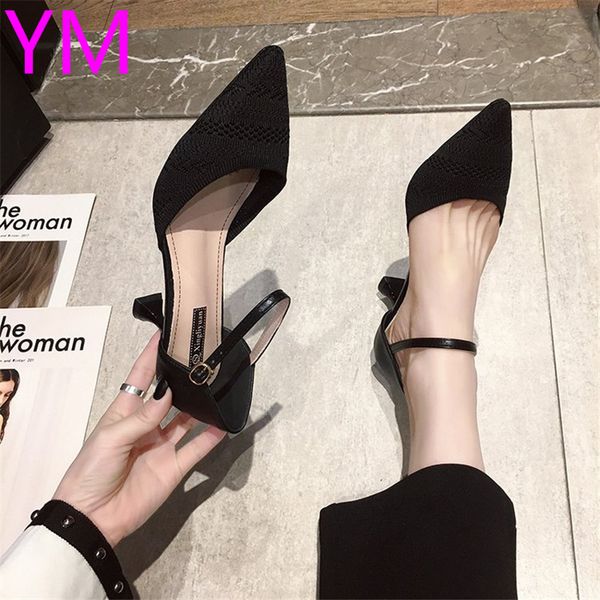 

ankle strap women pumps mid heels buckle strap shoes pointed toe spring new arrival knit fabric pumps office lady work shoes, Black