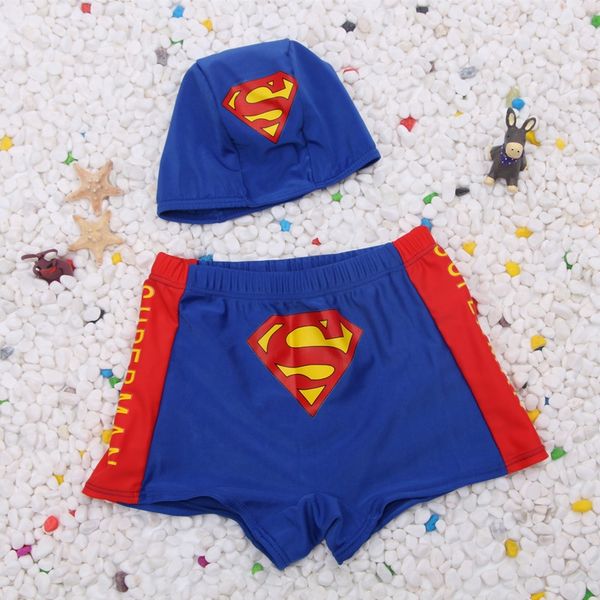 

little superman boy swimsuit cap trunks suit children's flat-foot swimming trunks distribution swimming cap, Black
