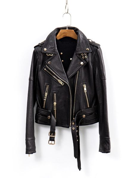 

2020fxfurs motorcycle real leather jacket woman handsome high waist short haining sheep leather slim jacket, Black
