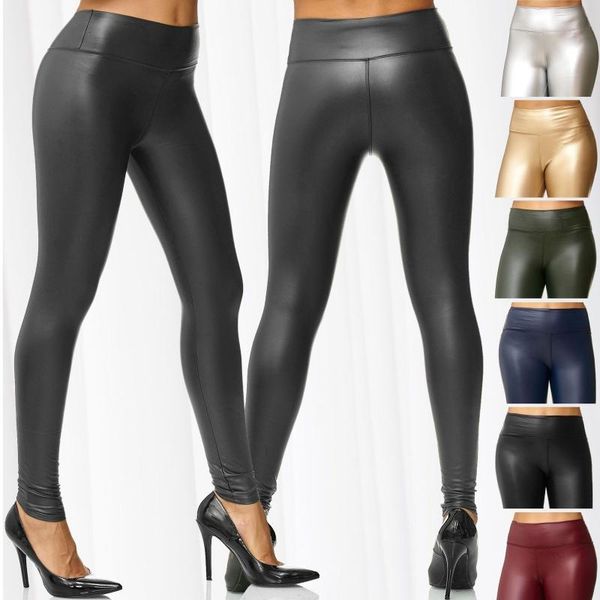 

zogaa fashion women's leggings metallic leather pants high waist wet stretch shine trousers skinny pencil pants for women, Black;white