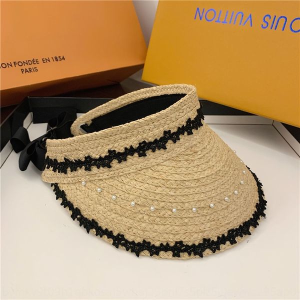 

summer style french sun lace sun elegant lace empty women's all-match pearl strap sunshade hat outdoor beach hat, Blue;gray
