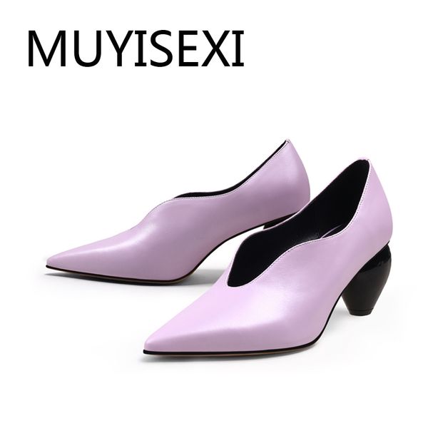 

genuine leather fashion unique design 7cm high heel daily wear office party wedding modern pointed toe lady pumps hl221 muyisexi, Black