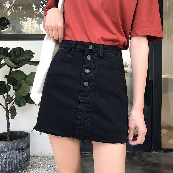 

large size fat mm women's aline skirtdenim skirt denim skirtblack high waist slimming aline dress single-breasted hip slimming skirt, Black