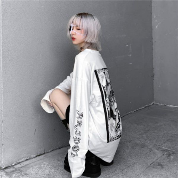 

women men designer cartoon t-shirt spring and autumn korean version of harajuku bf wind loose retro wild ins long sleeve new, White