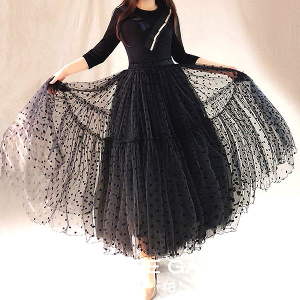 

2020 woman fashion plus size 7xl 8xl 6xl female pink / black dot mesh pleated tutu maxi long women skirt designs skirts womens